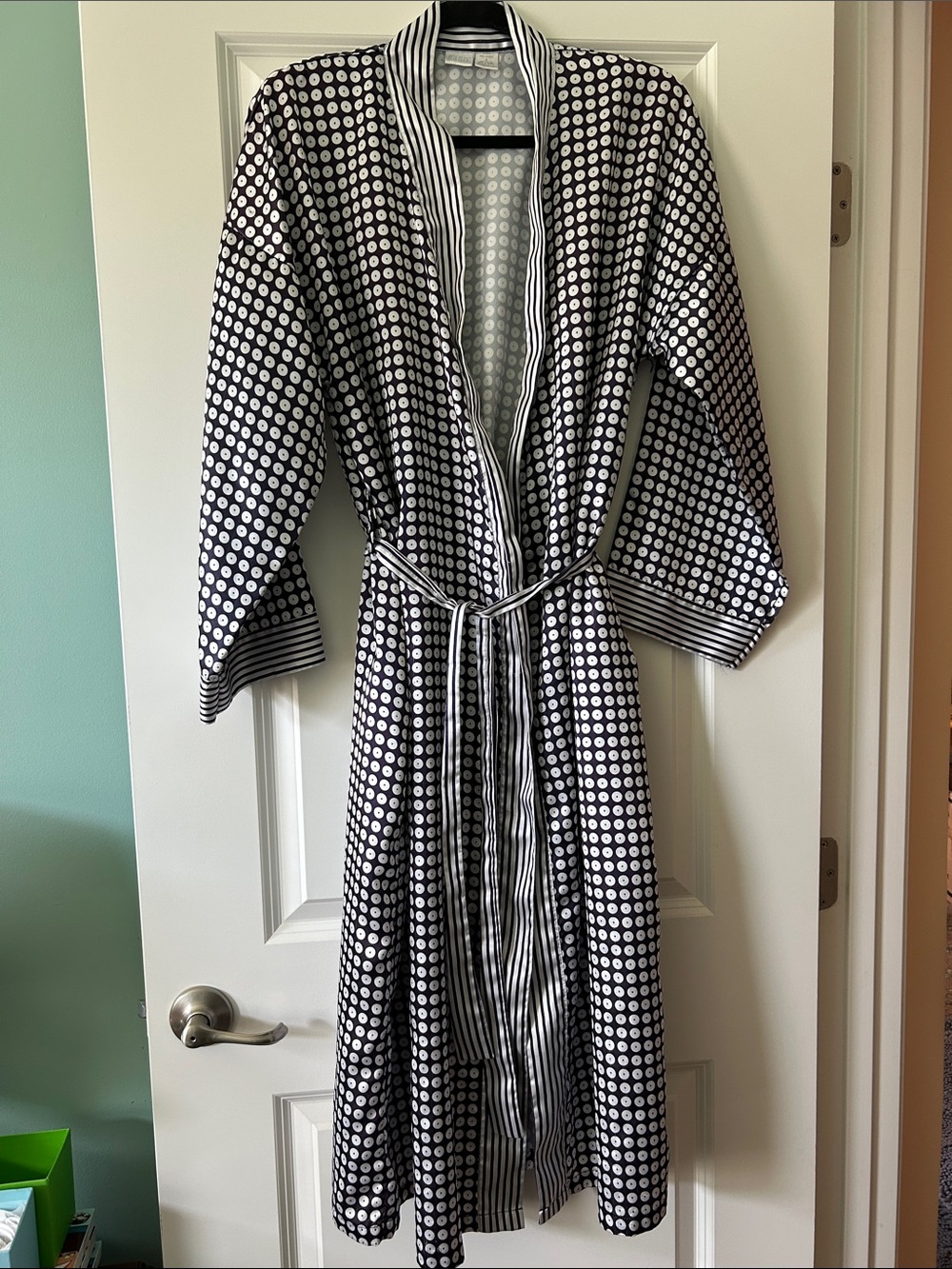 delicates Gray Polka Dot Satin Robe with Navy Stripe Trim